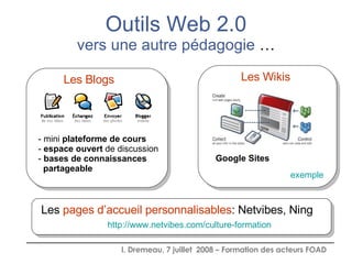Outils Web 2.0 vers une autre pédagogie  … Les Wikis Google Sites exemple Les Blogs <ul><li>mini  plateforme de cours </li...