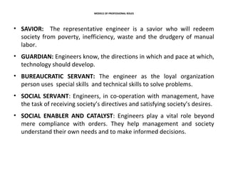 MODELS OF PROFESSIONAL ROLES
• SAVIOR: The representative engineer is a savior who will redeem
society from poverty, inefficiency, waste and the drudgery of manual
labor.
• GUARDIAN: Engineers know, the directions in which and pace at which,
technology should develop.
• BUREAUCRATIC SERVANT: The engineer as the loyal organization
person uses special skills and technical skills to solve problems.
• SOCIAL SERVANT: Engineers, in co-operation with management, have
the task of receiving society’s directives and satisfying society’s desires.
• SOCIAL ENABLER AND CATALYST: Engineers play a vital role beyond
mere compliance with orders. They help management and society
understand their own needs and to make informed decisions.
 