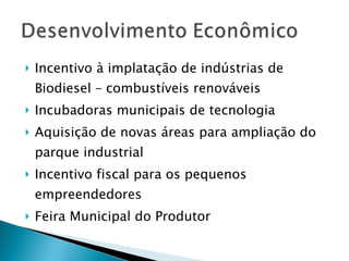 Incentivo à implatação de indústrias de Biodiesel – combustíveis renováveis Incubadoras municipais de tecnologia Aquisição de novas áreas para ampliação do parque industrial Incentivo fiscal para os pequenos empreendedores Feira Municipal do Produtor 