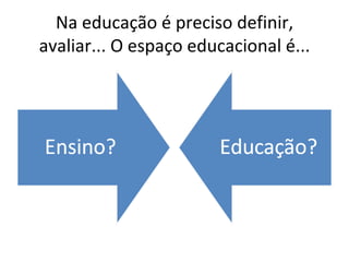 Na educação é preciso definir, avaliar... O espaço educacional é... 