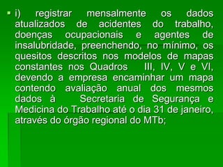  i)   registrar  mensalmente       os   dados
  atualizados de acidentes do trabalho,
  doenças ocupacionais e agentes de
  insalubridade, preenchendo, no mínimo, os
  quesitos descritos nos modelos de mapas
  constantes nos Quadros       III, IV, V e VI,
  devendo a empresa encaminhar um mapa
  contendo avaliação anual dos mesmos
  dados à        Secretaria de Segurança e
  Medicina do Trabalho até o dia 31 de janeiro,
  através do órgão regional do MTb;
 