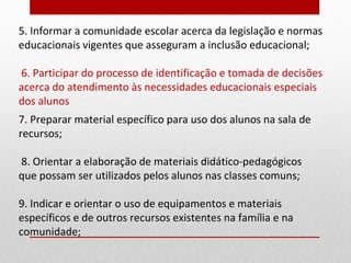 5. Informar a comunidade escolar acerca da legislação e normas
educacionais vigentes que asseguram a inclusão educacional;

6. Participar do processo de identificação e tomada de decisões
acerca do atendimento às necessidades educacionais especiais
dos alunos
7. Preparar material específico para uso dos alunos na sala de
recursos;

8. Orientar a elaboração de materiais didático-pedagógicos
que possam ser utilizados pelos alunos nas classes comuns;

9. Indicar e orientar o uso de equipamentos e materiais
específicos e de outros recursos existentes na família e na
comunidade;
 