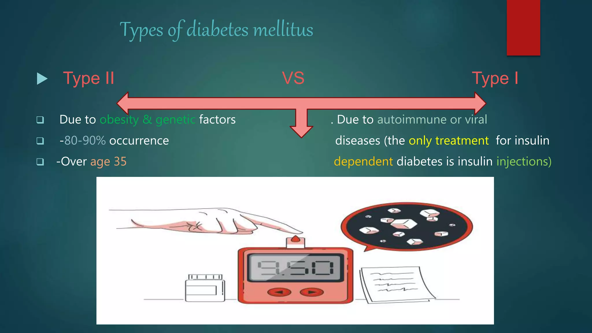 Types of diabetes mellitus
 Type II VS Type I
 Due to obesity & genetic factors . Due to autoimmune or viral
 -80-90% occurrence diseases (the only treatment for insulin
 -Over age 35 dependent diabetes is insulin injections)
ssss
 