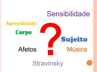 Sensibilidade
Aprendizado
   Corpo
                    Sujeito
    Afetos              Música

           Stravinsky
 