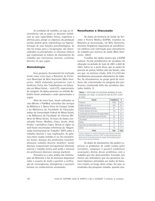 As condições de trabalho, ou seja, as cir-       Resultados e Discussão
cunstâncias sob as quais os docentes mobili-
zam as suas capacidades físicas, cognitivas e                   Os dados da Gerência de Saúde do Ser-
afetivas para atingir os objetivos da produção           vidor e Perícia Médica (GSPM), reunidos no
escolar podem gerar sobreesforço ou hiperso-             Relatório já mencionado, em Belo Horizonte,
licitação de suas funções psicofisiológicas. Se          mostram freqüência importante de atendimen-
não há tempo para a recuperação, são desen-              tos médicos com solicitação para afastamento
cadeados ou precipitados os sintomas clínicos            do trabalho por motivos de saúde (Belo Hori-
que explicariam os índices de afastamento do             zonte, 2003)
trabalho por transtornos mentais, conforme                      A análise dos dados mostra que a GSPM
descrito no que segue.                                   realizou 16.556 atendimentos de servidores da
                                                         educação no período de maio de 2001 a abril de
Metodologia                                              2002. Infere-se, a partir disso, que as razões de
                                                         procura da perícia médica não são banais, uma
        Esta pesquisa documental foi realizada           vez que, no universo citado, 92% (15.243) dos
tendo como texto base o Relatório da Prefei-             atendimentos provocaram afastamento do traba-
tura Municipal de Belo Horizonte (Belo Hori-             lho. Os afastamentos no grupo geral de servi-
zonte, 2003) elaborado juntamente com o                  dores são concentrados na categoria dos pro-
Sindicato Único dos Trabalhadores em Educa-              fessores, totalizando 84% dos servidores afas-
ção em Minas Gerais – sind-UTE, representante            tados (tabela 1).
da categoria. Os dados presentes no referido Re-
latório foram analisados e serão apresentados a
seguir.
        Além do texto base, foram utilizados os
sites Bireme e PubMed, acrescidos dos serviços
da Biblioteca J. Baeta Viana do Campus Saúde
e da Biblioteca da Faculdade de Educação,
ambas da Universidade Federal de Minas Gerais,
e da Biblioteca da Faculdade de Ciências Mé-
dicas de Minas Gerais. As bases de dados con-
sultadas foram: Medline, Lilacs, Scielo, Ovid,
Prodoc e periódicos Capes. Deixar as siglas na
web foram encontradas referências da “Organi-
zação Internacional do Trabalho” (OIT) sobre o
trabalho docente e suas implicações. As pala-
vras-chave usadas isoladas e/ ou em cruzamen-
tos foram: doenças dos professores (teachers’
diseases), trabalho docente (teachers’ work),                   Os dados de afastamento não podem ex-
doenças ocupacionais (occupational diseases) ,           pressar os problemas de saúde vividos pelos
estresse e trabalho (stress and work), e burnout         servidores, tampouco é possível estabelecer
em professores (burnout among teachers ).                associações diretas desses problemas com o
        Procedeu-se a uma análise das informa-           trabalho por eles desenvolvidos. Contudo, tais
ções do Relatório à luz da literatura disponível         fatores são indicadores que nos permitem ela-
sobre o assunto de modo a permitir a verifica-           borar hipóteses articuladas aos dados da litera-
ção de convergências, divergências e possíveis           tura citados ao longo deste artigo. Ou seja, os
lacunas no conhecimento acumulado.                       resultados das pesquisas isoladas, quando ana-



192                          Sandra M. GASPARINI; Sandhi M. BARRETO e Ada A. ASSUNÇÃO. O professor, as condições...
 