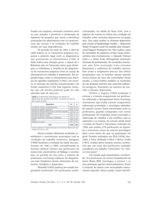 lisados em conjunto, mostram coerência entre                       contratadas, na cidade de Nova York, com o
os seus achados e permitem a elaboração de                         objetivo de estimar os efeitos das condições de
hipóteses de pesquisa que visem a identificar                      trabalho sobre sintomas depressivos no grupo
associações do adoecimento com as caracterís-                      alvo. Esse autor avaliou os sintomas depressivos
ticas das escolas e as condições de trabalho                       pelo Center of Epidemilogic Studies — Depression
vividas em suas dependências.                                      Scale). O suporte social foi avaliado pelo Interper-
       No período de maio de 2001 a abril de                       sonal Support Evaluation List. Para avaliar o grau
2002 (tabela 2), os transtornos psíquicos ocu-                     de nocividade do ambiente escolar, foram desen-
param o primeiro lugar entre os diagnósticos                       volvidos dois instrumentos: o Episodic Stressor
que provocaram os afastamentos (15%). O                            Scale e o Strain Scale, distinguindo estressores
dado indica uma situação grave, e apesar de o                      eventuais de permanentes. Os resultados mostra-
Relatório não ter fornecido meios para distin-                     ram uma forte associação entre sintomas
guir os indivíduos, a freqüência do diagnósti-                     depressivos e ambientes de trabalho nocivos,
co de transtornos psíquicos entre as causas de                     bem como o surgimento precoce dos efeitos
afastamento no trabalho é inquietante. Em se-                      pesquisados, que se mantêm mesmo quando
gundo lugar, estão os afastamentos por doen-                       outros fatores de risco são controlados. Nesse
ças do aparelho respiratório (12%) e, em tercei-                   estudo, o autor lembra também os resultados
ro, as doenças do sistema osteomuscular e do                       de sua pesquisa anterior, que associam ambien-
tecido conjuntivo (11%). Vale registrar, contu-                    tes perigosos, frustrantes ou carentes de con-
do, que um mesmo professor pode ter sido                           trole a doenças depressivas.
afastado mais de uma vez.                                                  Pitthers e Fogarty (1995) avaliaram o
                                                                   estresse e a tensão ocupacionais em professo-
                                                                   res utilizando o Occupational Stress Inventory,
                                                                   instrumento que avalia estresse ocupacional,
                                                                   sobrecarga acumulada e estratégias adotadas.
                                                                   Os maiores escores foram encontrados entre os
                                                                   professores, quando comparados com outros
                                                                   profissionais. Os resultados foram associados à
                                                                   sobrecarga de trabalho e aos conflitos com os
                                                                   superiores e as normas. Os autores ainda citam
                                                                   o estudo de Punch e Tuetteman, realizado em
                                                                   1990, que avaliou 574 professores na Austrá-
                                                                   lia e encontrou níveis de estresse psicológico
       Outros estudos obtiveram resultados se-                     duas vezes maior do que na população em
melhantes e encontraram associações com as                         geral. Estudos realizados nos EUA (1976), Aus-
condições de trabalho existentes. Zaragoza                         trália e Nova Zelândia (1982) e Reino Unido
(1999) focalizou a evolução da saúde dos pro-                      (1991), citados pelos mesmos autores, mostra-
fessores de 1982 a 1989, contabilizando as                         ram que um terço dos professores avaliados
licenças médicas oficiais dos professores de                       consideram seu trabalho “estressante” ou “mui-
ensino não universitários de Málaga e concluiu                     to estressante”.
que, no período de sete anos, o número de                                  Um estudo quali-quantitativo, envolven-
professores em licença triplicou. Os diagnósti-                    do 163 professores do ensino fundamental de
cos mais freqüentes foram: distensões do tor-                      Santa Maria (RS), investigou o estresse e os
nozelo, laringites e depressões.                                   seus principais agentes desencadeadores, frente
       Shonfeld (1992) realizou um estudo lon-                     à inclusão de alunos com necessidades educa-
gitudinal envolvendo 255 professoras recém-                        cionais especiais. Nesse estudo, foram identifi-



Educação e Pesquisa, São Paulo, v. 31, n. 2, p. 189-199, maio/ago. 2005                                            193
 