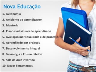 Nova Educação
1. Autonomia
2. Ambiente de aprendizagem
3. Mentoria
4. Planos individuais de aprendizado
5. Avaliação individualizada e de processo
6. Aprendizado por projetos
7. Desenvolvimento integral
8. Tecnologia e Ensino híbrido
9. Sala de Aula invertida
10. Novas Ferramentas
 
