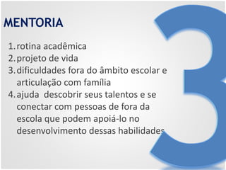 MENTORIA
1.rotina acadêmica
2.projeto de vida
3.dificuldades fora do âmbito escolar e
articulação com família
4.ajuda descobrir seus talentos e se
conectar com pessoas de fora da
escola que podem apoiá-lo no
desenvolvimento dessas habilidades
 
