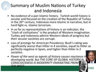 Summary of Muslim Nations of Turkey and Indonesia No evidence of a pan-Islamic history.  Turkish world history is secular and focused on the creation of the Republic of Turkey in the 20 th  century. Indonesia more Islamic in narrative, but in hard fight vs. Islamic terrorism. In so far as representations of history is an indicator, the “clash of civilizations” is the product of Western imagination.  Turkey and Indonesia admire Western ideals of progress but their secular societies are corrupt. Loss of prestige for American Presidency: Bush’s rating was significantly worse than Hitler in 4 societies, equal to Hitler as perfectly negative in Spain, and higher than Hitler in 2 societies. Power of the west as agents of history causes reactance in developing world. But THE CORE OF GLOBAL HISTORICAL CONSCIOUSNESS IS MODERNITY EMANATING FROM  THE WEST 