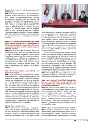 DBO setembro 2018 11
Maristela – Como o senhor vê a falta de antígenos para testes
de tuberculose?
Dutra – Com tristeza. Isso reflete a descontinuidade dos
programas de saúde animal no País. O Programa Nacio-
nal de Controle e Erradicação da Brucelose e Tuberculo-
se tecnicamente é fantástico, muito bem elaborado. Mas
onde é que a gente esbarra? Na falta de insumos, cuja pro-
dução deveria ser responsabilidade do Estado, para ga-
rantir a execução do programa. Nos anos 80 e 90, o Mi-
nistério da Agricultura construiu o Lanagro, em Pedro
Leopoldo, MG, para dar suporte a todos os programas
oficiais, inclusive à produção de tuberculina. O problema
é que as prioridades vão mudando. Nessas circunstâncias,
deixa-se de produzir determinado insumo, imprescindível
para realização dos testes e você simplesmente mata um
programa.
Renato – Com a suspensão da produção de tuberculina pelo Ins-
tituto de Tecnologia do Paraná (TecPar), o Instituto Biológico, de
SãoPaulo,assumiuessatarefa,masademandaémuitosuperior
à capacidade do laboratório. A indústria veterinária não poderia
entrar neste segmento?
Dutra – Sem dúvida, mas é preciso fazer um plano de ne-
gócios. Quanto custa? Quem está interessado em produ-
zir? Quais as exigências regulatórias? Há uma conjun-
ção de fatores desfavoráveis. Não tem incentivo, não tem
prioridade. Todo novo medicamento precisa passar pelo
crivo do Ministério da Agricultura, procedimento impor-
tante e necessário, mas muitas vezes são criadas exigên-
cias que dificultam o trabalho da indústria. Por que a pro-
dução de antígenos não é um negócio? Tem de ser um
negócio.
Renato – Além da falta de antígenos,o que mais dificulta a erra-
dicação dessas doenças?
Dutra – Precisamos de uma coordenação mais efetiva,
mais contemporânea. Ficamos obsoletos na forma de exe-
cutar tarefas de saúde animal. É inconcebível pensar em
erradicar uma doença de cada vez – primeiro aftosa, de-
pois a brucelose e tuberculose, etc. O mundo mudou. O
Brasil carece de um plano nacional de saúde animal e não
temos essa diretriz. As coisas vão acontecendo pontual-
mente e muitas vezes afetam não apenas os programas de
erradicação, mas a continuidade das ações de educação e
saúde. Há uma descontinuidade no processo de comuni-
cação com os produtores. No caso da brucelose e tubercu-
lose, essa é uma lacuna cruel.Temos uma massa crítica de
veterinários capacitados, que pagaram para fazer cursos
de treinamento para erradicação das duas doenças, produ-
tores sensibilizados e, mesmo assim, nunca decolamos no
número de propriedade livres certificadas.
Maristela – Por que não avançamos?
Dutra – Porque atrelamos a certificação a um programa
oficial. Temos exemplos de propriedades que percorre-
ram todo o processo para certificação e, na última etapa,
que exigia a presença de um técnico da Secretaria, não
conseguiu a certificação porque ele não pode ir. Inicial-
mente, eram muitos os produtores que queriam certificar
suas propriedades, mas eles desanimaram, por falta de
incentivo. Não falta somente antígeno (tuberculina), fal-
ta uma coordenação mais clara do programa, dizer quais
são os objetivos, as metas. Acredito que essa iniciativa
deveria partir do setor produtivo, dos próprios produto-
res, mas, infelizmente, ficamos à espera das autoridades
sanitárias. É preciso tratar esse assunto com clareza: se
tenho um animal na propriedade com brucelose ou tu-
berculose, o que faço? Tenho de abater, sacrificar, com
quem fica o prejuízo?
AÁfrica do Sul fez um programa de erradicação que
contava com iniciativas voluntárias dos produtores, mas
também com um programa de indenização. Por que não
criamos um fundo de indenização para as áreas mais crí-
ticas e começamos a fazer um programa efetivo de er-
radicação? Fizemos um trabalho de pesquisa de campo
para verificar a percepção de risco dos produtores sobre
essas doenças. Perguntamos por que não buscam a cer-
tificação de livre de brucelose e tuberculose para suas
propriedades. Cerca de 85% dos entrevistados disseram
que desconhecem o programa. Está aí um ponto-chave.
O Ministério da Agricultura, que regulamenta as ações
do programa, a capacitação dos técnicos e a produção de
insumos deveria estar fomentando esse processo.
Renato – Após a edição da IN 10,de 2017 pelo Mapa,o produtor
pode usar a vacina B19 também nas bezerras de três a oito
meses. Que achou dessa estratégia e da classificação de risco
para a brucelose e tuberculose?
Dutra – São grandes avanços. A vacina com cepa RB 51
não induz à produção de anticorpos, portanto não gera
testes “falso positivos” [como as fêmeas estão mais
precoces, ciclando muito cedo, esse problema pode
ocorrer também na faixa etária de até 8 meses quan-
do se usa B19, levando ao descarte de animais sadios].
Quanto à classificação de risco, ela pode ajudar a ata-
car a brucelose e tuberculose regionalmente, conside-
rando-se a dinâmica dos fluxos comerciais, como se
fez com a febre aftosa.
Maristela – Como o produtor pode se livrar dessas doenças?
Dutra – Vacinando corretamente as fêmeas e fazendo
análise de risco dentro da propriedade. Muitas vezes, o
nível de prevalência é baixo. Com pouco investimen-
to na segregação/descarte dos animais doentes, ele pode
 