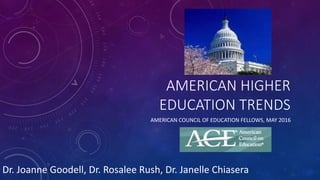 AMERICAN HIGHER
EDUCATION TRENDS
AMERICAN COUNCIL OF EDUCATION FELLOWS, MAY 2016
Dr. Joanne Goodell, Dr. Rosalee Rush, Dr. Janelle Chiasera
 