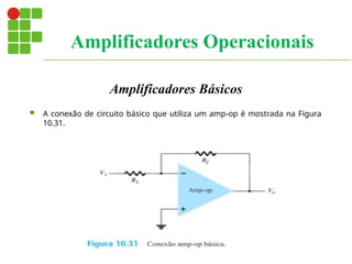 Amplificadores Básicos
 A conexão de circuito básico que utiliza um amp-op é mostrada na Figura
10.31.
Amplificadores Operacionais
 