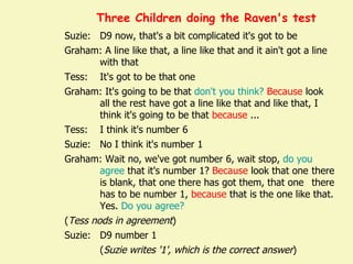 Three Children doing the Raven's test
Suzie: D9 now, that's a bit complicated it's got to be
Graham: A line like that, a line like that and it ain't got a line
        with that
Tess: It's got to be that one
Graham: It's going to be that don't you think? Because look
        all the rest have got a line like that and like that, I
        think it's going to be that because ...
Tess: I think it's number 6
Suzie: No I think it's number 1
Graham: Wait no, we've got number 6, wait stop, do you
        agree that it's number 1? Because look that one there
        is blank, that one there has got them, that one there
        has to be number 1, because that is the one like that.
        Yes. Do you agree?
(Tess nods in agreement)
Suzie: D9 number 1
        (Suzie writes '1', which is the correct answer)
 