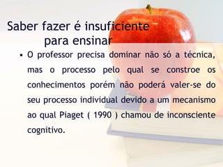 Saber fazer é insuficiente para ensinar O professor precisa dominar não só a técnica, mas o processo pelo qual se constroe os conhecimentos porém não poderá valer-se do seu processo individual devido a um mecanismo ao qual Piaget ( 1990 ) chamou de inconsciente cognitivo. 