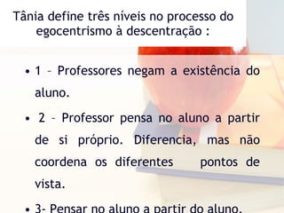 Tânia define três níveis no processo do egocentrismo à descentração : 1 – Professores negam a existência do aluno.   2 – Professor pensa no aluno a partir de si próprio. Diferencia, mas não coordena os diferentes      pontos de vista. 3- Pensar no aluno a partir do aluno. 