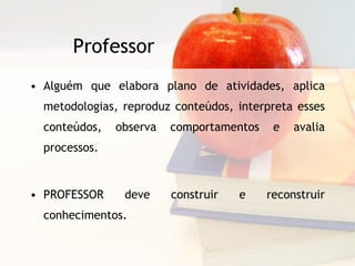 Professor Alguém que elabora plano de atividades, aplica metodologias, reproduz conteúdos, interpreta esses conteúdos, observa comportamentos e avalia processos. PROFESSOR deve construir e reconstruir conhecimentos. 