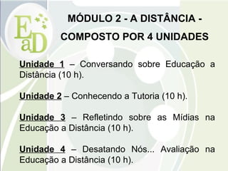 Unidade 1   – Conversando sobre Educação a Distância (10 h). Unidade 2   –  Conhecendo a Tutoria (10 h). Unidade 3   –  Refletindo sobre as Mídias na Educação a Distância (10 h). Unidade 4   –  Desatando Nós... Avaliação na Educação a Distância (10 h). MÓDULO 2 - A DISTÂNCIA - COMPOSTO POR 4 UNIDADES 