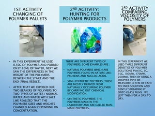 1ST ACTIVITY
CHANGING OF
POLYMER PALLETS
• IN THIS EXPERIMENT WE USED
0.50G OF POLYMER AND POURED
ON IT 10ML OF WATER, NEXT WE
SAW THE DIFFERENCES IN THE
WEIGHT OF THE POLYMERS
BETWEEN THE START AND THE
END (FINAL RESULT).
• AFTER THAT WE EXPOSED OUR
TWO BEAKERS OF POLYMERS TO
TWO TYPES OF WATER ( NORMAL
WATER AND WATER WITH SALT
).WE REALIZED THAT THE
POLYMERS SIZES AND WEIGHTS
CHANGED AGAIN DEPENDING ON
CONCENTRATION.
THERE ARE DIFFERENT TYPES OF
POLYMERS, SOME EXAMPLES ARE :
• NATURAL POLYMERS WHICH ARE
POLYMERS FOUND IN NATURE LIKE:
PROTEINS AND NUCLEIC ACIDS.
• SEMI-SYNTHETIC POLYMERS, THESE
ARE MOSTLY DERIVED FROM
NATURALLY OCCURRING POLYMER
BY CARRYING OUT CHEMICAL
MODIFICATION.
• SYNTHETIC POLYMERS: THE
POLYMERS MADE IN THE
LABORTORY AND ARE CALLED MAN-
MADE POLYMERS.
2ND ACTIVITY:
HUNTING FOR
POLYMER PRODUCTS
3RD ACTIVITY
COMPARING
VISCOSITY OF
POLYMERS
IN THIS EXPERIMENT WE
USED THREE DIFFERENT
DENSITIES OF POLYMER
SOLUTIONS PVA(1G, 5G,
10G, 100MW, 170MW,
260MW). THEN BY USING A
DROPPER PIPIT WE
MEASURED 4.5CM OF EACH
POLYMER SOLUTION AND
GENTLY SPREADING IT
ONTO GLASS FILMS . WE
LEFT THEM FOR A DAY TO
DRY.
 