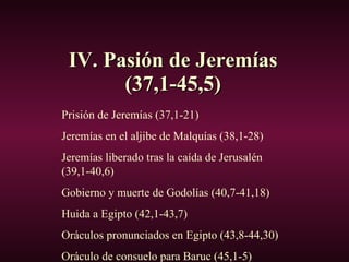 IV. Pasión de Jeremías (37,1-45,5) Prisión de Jeremías (37,1-21) Jeremías en el aljibe de Malquías (38,1-28) Jeremías liberado tras la caída de Jerusalén (39,1-40,6) Gobierno y muerte de Godolías (40,7-41,18) Huida a Egipto (42,1-43,7) Oráculos pronunciados en Egipto (43,8-44,30) Oráculo de consuelo para Baruc (45,1-5) 