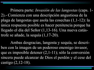 Primera parte: Invasión de las langostas (caps. 1-
2).- Comienza con una descripción angustiosa de la
plaga de langostas que asola las cosechas (1,1-12): la
única respuesta posible es hacer penitencia porque ha
llegado el día del Señor (1,13-16). Una nueva catás-
trofe se añade, la sequía (1,17-20).
      Ambas desgracias, langosta y sequía, se descri-
ben con la imagen de un poderoso enemigo invasor,
que es imposible detener (2,1-11); sólo la conversión
sincera puede alcanzar de Dios el perdón y el cese del
castigo (2,12-18).
 