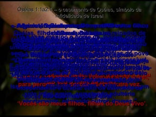 1 -  Aqui estão as mensagens que o Senhor deu a Oséias, filho de Beeri, durante os reinados de Uzias, Jotão, Acaz e Ezequias, reis de Judá;  e de Jeroboão, rei de Israel, filho de Joás. Óséias 1:1a2:1 – o casamento de Oséias, símbolo da infidelidade de Israel 2 -  Esta é a primeira mensagem: O Senhor disse a Oséias: “ Vá, Oséias, e case-se com uma jovem que seja prostituta, uma mulher que dará a você filhos de outros homens. Isso servirá para mostrar como o meu povo tem sido infiel a mim, cometendo adultério abertamente, adorando outros deuses.” 3 -  Assim, Oséias se casou com Gômer,  filha de Diblaim. Gômer ficou grávida e deu um filho a Oséias. 4e5 -  O Senhor ordenou a Oséias: “ Dê a esse menino o nome de Jezreel, porque no vale de Jezreel Eu vou castigar a família do rei Jeú. Eu vou vingar os crimes de morte que ele cometeu. De fato, vou destruir Israel como nação independente e acabar com os exércitos de Israel no vale de jezreel”. 6 -  Algum tempo depois, Gômer teve outro filho, desta vez uma menina. E Deus disse a Oséias: “ Essa menina vai se chamar Lo-Ruhamah  – que na língua de Oséias quer dizer ‘Não-Compadecida’  –porque não vou mais ter compaixão de Israel, para perdoar sua desobediência outra vez. 7 -  Mas da tribo de Judá terei compaixão e a libertarei pessoalmente de seus inimigos,  sem a ajuda dos exércitos e das armas do povo judeu.” 8 -  Depois que “Não-Compadecida” parou de mamar, Gômer ficou grávida mais uma vez e deu à luz um filho. 9 -  Deus ordenou: “ Chame esse menino de Lo-Ami  – que na língua de Oséias quer dizer  ‘Não-Meu-Povo’ –  porque Israel não é meu povo, e Eu não sou o Deus de Israel. 10 -  Apesar disso, virá o tempo em que Israel crescerá e se tornará uma grande nação. Haverá tantos israelitas que será impossível contar – como grãos de areia numa praia! Quando isso acontecer,  em lugar de dizer  a eles: ‘ vocês não são meu povo’ direi:  ‘Vocês são meus filhos, filhos do Deus Vivo’. 11 -  Nesse tempo, os povos de Judá e Israel se unirão e terão um só líder;  os dois povos voltarão juntos do exílio. E que dia lindo será aquele  – o dia em que Deus plantar o seu povo no solo fértil de sua terra mais uma vez.” 2:1 -  “Você, Jezreel, troque os nomes de seu irmão e de sua irmã. Chame seu irmão de Ami (meu povo);  chame sua irmã de Ruhamah (Compadecida), porque agora Deus vai ter compaixão dela! 