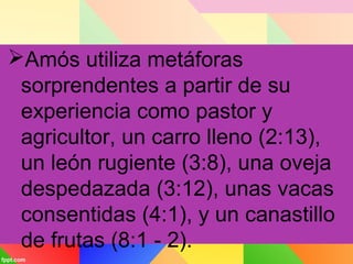 Amós utiliza metáforas
sorprendentes a partir de su
experiencia como pastor y
agricultor, un carro lleno (2:13),
un león rugiente (3:8), una oveja
despedazada (3:12), unas vacas
consentidas (4:1), y un canastillo
de frutas (8:1 - 2).
 