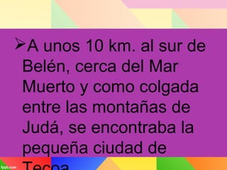 A unos 10 km. al sur de
Belén, cerca del Mar
Muerto y como colgada
entre las montañas de
Judá, se encontraba la
pequeña ciudad de
 