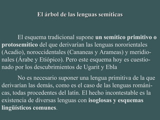 El árbol de las lenguas semíticasEl árbol de las lenguas semíticas
El esquema tradicional supone un semítico primitivo o
protosemítico del que derivarían las lenguas nororientales 
(Acadio), noroccidentales (Cananeas y Arameas) y meridio-
nales (Árabe y Etiópico). Pero este esquema hoy es cuestio-
nado por los descubrimientos de Ugarit y Ebla
No es necesario suponer una lengua primitiva de la que 
derivarían las demás, como es el caso de las lenguas románi-
cas, todas procedentes del latín. El hecho incontestable es la 
existencia de diversas lenguas con isoglosas y esquemas
lingüísticos comunes.
 