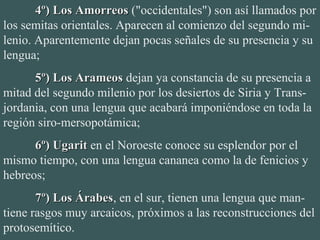 4º) Los Amorreos4º) Los Amorreos ("occidentales") son así llamados por 
los semitas orientales. Aparecen al comienzo del segundo mi-
lenio. Aparentemente dejan pocas señales de su presencia y su 
lengua;
5º) Los Arameos5º) Los Arameos dejan ya constancia de su presencia a 
mitad del segundo milenio por los desiertos de Siria y Trans-
jordania, con una lengua que acabará imponiéndose en toda la 
región siro-mersopotámica;
6º) Ugarit6º) Ugarit en el Noroeste conoce su esplendor por el 
mismo tiempo, con una lengua cananea como la de fenicios y 
hebreos;
7º) Los Árabes7º) Los Árabes, en el sur, tienen una lengua que man-
tiene rasgos muy arcaicos, próximos a las reconstrucciones del 
protosemítico.
 