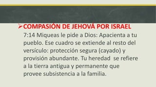 COMPASIÓN DE JEHOVÁ POR ISRAEL
7:14 Miqueas le pide a Dios: Apacienta a tu
pueblo. Ese cuadro se extiende al resto del
versículo: protección segura (cayado) y
provisión abundante. Tu heredad se refiere
a la tierra antigua y permanente que
provee subsistencia a la familia.
 