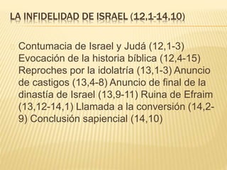 LA INFIDELIDAD DE ISRAEL (12,1-14,10) 
Contumacia de Israel y Judá (12,1-3) 
Evocación de la historia bíblica (12,4-15) 
Reproches por la idolatría (13,1-3) Anuncio 
de castigos (13,4-8) Anuncio de final de la 
dinastía de Israel (13,9-11) Ruina de Efraim 
(13,12-14,1) Llamada a la conversión (14,2- 
9) Conclusión sapiencial (14,10) 
 