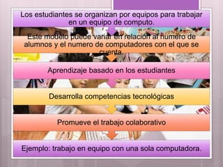 Ejemplo: trabajo en equipo con una sola computadora.
Promueve el trabajo colaborativo
Desarrolla competencias tecnológicas
Aprendizaje basado en los estudiantes
Este modelo puede variar en relación al numero de
alumnos y el numero de computadores con el que se
cuenta.
Los estudiantes se organizan por equipos para trabajar
en un equipo de computo.
 