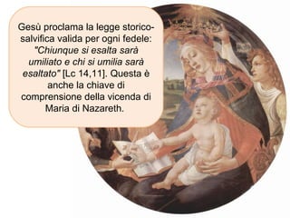 Gesù proclama la legge storico-salvifica valida per ogni fedele:  "Chiunque si esalta sarà umiliato e chi si umilia sarà esaltato"  [Lc 14,11]. Questa è anche la chiave di comprensione della vicenda di Maria di Nazareth.   
