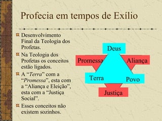 Profecia em tempos de Exílio Desenvolvimento Final da Teologia dos Profetas. Na Teologia dos Profetas os conceitos estão ligados. A “ Terra ” com a “ Promessa ”, esta com a “Aliança e Eleição”, esta com a “Justiça Social”.  Esses conceitos não existem sozinhos.   Promessa Aliança  Justiça Deus Terra Povo  