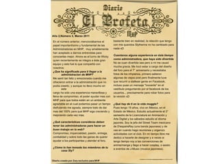   Año 2,Número 3, Marzo 2011 En el número anterior, mencionábamos el  papel importantísimo y fundamental de las  Administradoras en MHP,  muy amablemente  han aceptado a darnos entrevistas para  conocerlas mejor. Ahora es el turno de Wicky quien recientemente se integra a éste gran  equipo y esto fué lo que compartió con  nosotros: ¿Que ha significado para ti llegar a la administracion de MHP? Me sentí tan feliz y emocionada cuando me  ofrecieron entrar a la administración que no  podía creerlo, y aunque no llevo mucho en este  cargo ha sido una experiencia maravillosa y  llena de compromiso, el poder ayudar mas con  MHP para que todos estén en un ambiente  agradable en el cual podamos pasar un tiempo  disfrutando me agrada, siempre trato de dar  mas del 100% para que MHP siga creciendo y  mejorando cada vez mas. ¿Qué características consideras deben  tener las administradoras para hacer un  buen trabajo en la web? Compromiso, imparcialidad, pasión, entrega,  cordialidad y sobre todo las ganas de querer  ayudar a los participantes y atender el foro. ¿Cómo lo han tomado los miembros de tu casa Sly? bastante bien en realidad, la relación que tengo  con mis queridos Slytherins no ha cambiado para  nada xD Cuentanos alguna experiencia en éste tiempo  como administradora, que haya sido divertida No se cuan divertida sea pero a mi me causó  mucha gracia. Me tocó estar a cargo del diseño  del foro para el 7° aniversario y necesitaba  fotos de los mhpianos, primero salieron  algunas de viejos post pero finalmente tuve  que recurrir a stalkear gente en Facebook,  incluso puse un mensaje "inocente" en el  vestíbulo preguntando por el facebook de los  usuarios... precisamente para robar fotos para  la versión xD ¿Qué hay de ti en la vida muggle? Pues tengo 19 años, vivo en México, en el  Estado de México. Estudio actualmente el 3°  semestre de la Licenciatura en Animación y  Arte Digital y los sábados estudio el idioma  japonés. Soy la jefa del Street Team mexicano  de D'espairsRay (una banda japonesa) y de  ves en cuando hago reuniones y organizo  actividades con el club. En mi tiempo libre me  dedico a hacerle de designer y a veces si  tengo tiempo voy a las convenciones de  anime/manga y llego a hacer cosplay, o asisto  a eventos de J-Music (musica japonesa). 