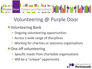 Volunteering @ Purple Door
Volunteering Bank
  • Ongoing volunteering opportunities
  • Across a wide range of disciplines
  • Working for charities or statutory organisations
One off volunteering
  • Specific needs from charitable organisations
  • Will be a “unique” opportunity
 