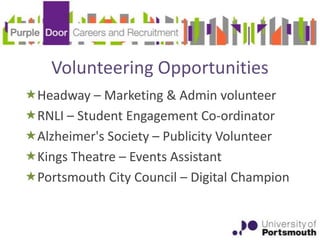 Volunteering Opportunities
Headway – Marketing & Admin volunteer
RNLI – Student Engagement Co-ordinator
Alzheimer's Society – Publicity Volunteer
Kings Theatre – Events Assistant
Portsmouth City Council – Digital Champion
 