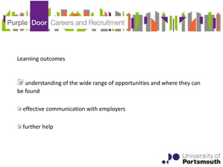 Learning outcomes


   understanding of the wide range of opportunities and where they can
be found

  effective communication with employers

  further help
 
