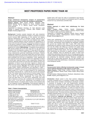 S301
© 2019 Journal of Cancer Research and Therapeutics | Published by Wolters Kluwer - Medknow
treated with IL-RT have low rates of contralateral neck failures.
These patients should be spared of contralateral neck RT, pending
results from any randomized controlled trials.
Abstract
Holistic approach in whole brain radiotherapy for brain
metastasis
Kanhu Charan Patro, Partha Sarathi Bhattacharya,
Chitta Ranjan Kundu, V. Krishna Reddy, P. Madhuri, Rashmi Sukla,
A. C. Prabu, A. Srinu, Anil Kumar, Subhra Das
Department of Radiotherapy, Mahatma Gandhi Cancer Hospital
and Research Institute, Visakhapatnam, Andhra Pradesh, India,
E-mail: drkcpatro@gmail.com
Whole brain radiotherapy is the most standard therapy in brain
secondaries. Over the years the development of newer technologies
and newer chemotherapy drugs targeting the targetable mutations
the survival has reached more than 5 years. With whole brain
radiotherapy the cognitive function declines over the years and apart
from this the hidden side effects go unnoticed and quality of life
also deteriorates with passage of time. Here we suggest the holistic
approach to address these issues. The main side effects of whole
brain radiotherapy are diminution of cognitive function, xerostomia,
hair loss, deafness. Here we planned the cases of whole brain
radiotherapy addressing these issues with arc therapy sparing scalp,
cochlea, parotid and hippocampus according to the RTOG guidelines
and presenting the dosimetric analysis. Whenever possible we
should plan to spare these structures. We can also consider hypo
fractionated limited field radiotherapy or stereotactic radiosurgery for
more therapeutic benefit.
Abstract
Socioeconomic factors affecting transtuzumab usage in breast
cancer patients belonging to hilly regions of north India
Rajesh Pasricha, Pragya Singh, Laxman Pandey, Ajas Ibrahim,
Ajeet Singh Bhadoria, Sweety Gupta, Deepa Joseph, Manoj Gupta,
Bina Ravi
All India Institute of Medical Sciences, Rishikesh, Uttarakhand, India,
E-mail: drrajesh_pasricha@yahoo.com
Introduction: Breast cancer is the most common malignancy
in women worldwide and is a prototype of global cancer disparity.
While breast cancer mortality is decreasing in developed countries,
it continues to increase in low- and middle-income countries.
Trastuzumab in combination with chemotherapy is standard of care
and essential drug for patients with Her2 positive breast cancer.
Despite the availability of biosimilars, it is still out of reach for many
patients in underdeveloped areas of India. Access to trastuzumab is
limited for various reasons such as lack of drug funding or because of
high treatment costs. This study examines access to trastuzumab and
identified potential barriers to its use in a large tertiary care hospital
in underserved and resource restricted hilly region of Northern
India (Uttrakhand). Materials and Methods: In a cross-sectional
study all patients diagnosed with Her2 positive breast cancer who
underwent treatment in our institute from January -December 2018
were included. All relevant details like age, stage, treatment details,
receptor status (ER/PR/ Her2) were recorded. All Her2 positive
patient who had 3+ score on immunohistochemistry (IHC) were
considered positive. These patients were investigated to look into
various factors for acceptance or non -acceptance of transtuzumab
like socio-economic status, funding of treatment, education status
and reasons for non-usage of drug. Patients were categorised into
BEST PROFFERED PAPER MORE THAN 40
Abstract
Single institutional retrospective analysis of postoperative
buccal mucosa cancers treated with ipsilateral radiotherapy
Madhup Rastogi, Ajeet Kumar Gandhi, Satyajeet Rath,
Sambit Swarup Nanda, Harikesh B. Singh, Siddarth Kumar,
Rohini Khurana, S. P. Mishra, Anoop Kumar Srivastava,
Avinav Bharati
Department of Radiation Oncology, Dr. Ram Manohar Lohia
Institute of Medical Sciences, Lucknow, Uttar Pradesh, India,
E-mail: drmadhup1@gmail.com
Background: Curative surgical resection with neck dissection
remains the ideal initial treatment modality in localized carcinoma
buccal mucosa (BM). Depending on the adverse risk factors,
adjuvant radiotherapy (RT) is indicated. Usually, adjuvant RT (if
indicated), is delivered to tumour bed and bilateral neck nodes.
However, selected patients could be treated with ipsilateral RT to
tumour bed and neck nodes (IL-RT). Literature on patterns of failure
in this group of patients is sparse. Purpose: We aimed to analyse
the failure patterns and survival outcome in these cohort of patients
treated at our institute. Methodology: 116 patients of post-operative
BM cancers treated with IL-RT from June 2013 to Jan 2019 were
included in this retrospective analysis. RT dose was 60-66 Gray in
30-33 fractions over 6-6.5 weeks delivered by linear accelerator
using 3-dimensional conformal radiotherapy techniques. Patients
treated with bilateral RT and those treated with concurrent chemo-
radiotherapy were excluded from the present analysis. All outcomes
were evaluated from the time of registration. Local, regional and
loco-regional control was defined as time from registration to failure
in tumour bed, regional nodes or both, respectively. Disease free
survival (DFS) and overall survival (OS) were defined as time from
registration to failure at any site (local, regional or distant) and
death from any cause, respectively. Kaplan Meier method was used
for all outcome analysis. Results: The median age was 46 years
(range 25-80). Patient characteristics are described in Table 1.
Median RT completion time and the overall treatment time were 6.2
weeks (range 5.9-7.1) and 11.6 weeks (range 8.5-19), respectively.
92 patients received 60 Gy, 7 patient 64 Gy and the rest received
66 Gy. The median follow-up time was 24.4 months (range 5-54.2).
The 2-year local, regional and loco-regional control rates were
88.4%, 89.5% and 80.9%, respectively. The 2-year DFS and
2-year OS rates were 77.4% and 79.5%, respectively. The crude
rates of failures at primary site, ipsilateral and contralateral neck
were 10.3%, 11.2% and 3.4%, respectively. Five patients (4.3%)
had distant failures. 23 patients died of cancer and 2 patients died
of non-malignant causes. Conclusion: Post-operative patients of
BM cancers with intermediate risk factors necessitating RT alone
Table 1: Patient characteristics
Patient characteristics Distribution (%)
Gender (male: female) 110 (94.8):6 (5.2)
T stage (T1:T2:T3:T4) 11 (9.5):63 (54.3):20 (17.2):22 (18.8)
N stage (N0:N1:N2) 68 (58.6):37 (31.9):11 (9.5)
Overall TNM stage (I: II: III:
IV) (as per AJCC 7th
ed.ition)
4 (3.4):40 (34.5):28 (24.1):44 (37.9)
Risk factors for postoperative
RT (>pT3:pN+:PNI:LVI:DOI
≥10 mm)*
42 (36):48 (41.3):31 (26.7):80 (68.9)
Number of risk factors for
postoperator RT (1:2:3:>4)
10:60:17.5:12.5
Grade (1:2:3:Unspecified) 57 (49.1):32 (27.6):6 (5.2):21 (18.1)
*The total may not add up to 100%. RT=Radiotherapy, PNI=Peri‑neural
invasion, LVI=Lympho‑vascular invasion, DOI=Depth of invasion
[Downloaded free from http://www.cancerjournal.net on Monday, September 26, 2022, IP: 117.239.144.217]
 