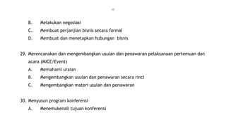 15
B. Melakukan negosiasi
C. Membuat perjanjian bisnis secara formal
D. Membuat dan menetapkan hubungan bisnis
29. Merencanakan dan mengembangkan usulan dan penawaran pelaksanaan pertemuan dan
acara (MICE/Event)
A. Memahami uraian
B. Mengembangkan usulan dan penawaran secara rinci
C. Mengembangkan materi usulan dan penawaran
30. Menyusun program konferensi
A. Menemukenali tujuan konferensi
 