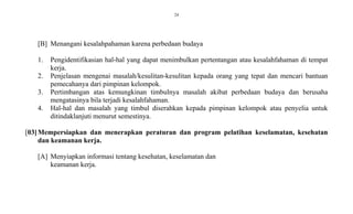24
[B] Menangani kesalahpahaman karena perbedaan budaya
1. Pengidentifikasian hal-hal yang dapat menimbulkan pertentangan atau kesalahfahaman di tempat
kerja.
2. Penjelasan mengenai masalah/kesulitan-kesulitan kepada orang yang tepat dan mencari bantuan
pemecahanya dari pimpinan kelompok.
3. Pertimbangan atas kemungkinan timbulnya masalah akibat perbedaan budaya dan berusaha
mengatasinya bila terjadi kesalahfahaman.
4. Hal-hal dan masalah yang timbul diserahkan kepada pimpinan kelompok atau penyelia untuk
ditindaklanjuti menurut semestinya.
[03]Mempersiapkan dan menerapkan peraturan dan program pelatihan keselamatan, kesehatan
dan keamanan kerja.
[A] Menyiapkan informasi tentang kesehatan, keselamatan dan
keamanan kerja.
 