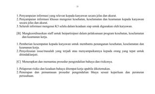 25
1.Penyampaian informasi yang relevan kepada karyawan secara jelas dan akurat.
2.Penyampaian informasi khusus mengenai kesehatan, keselamatan dan keamanan kepada karyawan
secara jelas dan akurat.
3.Seluruh informasi mengenai K3 selalu dalam keadaan siap untuk digunakan oleh karyawan.
[B] Mengkoordinasikan staff untuk berpartisipasi dalam pelaksanaan program kesehatan, keselamatan
dan keamanan kerja.
1.Pemberian kesempatan kepada karyawan untuk membantu penanganan kesehatan, keselamatan dan
keamanan kerja.
2.Penyelesaian issue/masalah yang terjadi atau menyampaikannya kepada orang yang tepat untuk
ditindaklanjuti.
[C] Menerapkan dan memantau prosedur pengendalian bahaya dan risikonya.
1.Pelaporan risiko dan keadaan bahaya ditempat kerja apabila diketemukan.
2.Penerapan dan pemantauan prosedur pengendalian bhaya sesuai keperluan dan peraturan
perusahaan.
 