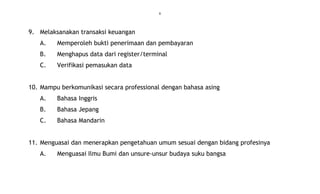6
9. Melaksanakan transaksi keuangan
A. Memperoleh bukti penerimaan dan pembayaran
B. Menghapus data dari register/terminal
C. Verifikasi pemasukan data
10. Mampu berkomunikasi secara professional dengan bahasa asing
A. Bahasa Inggris
B. Bahasa Jepang
C. Bahasa Mandarin
11. Menguasai dan menerapkan pengetahuan umum sesuai dengan bidang profesinya
A. Menguasai Ilmu Bumi dan unsure-unsur budaya suku bangsa
 