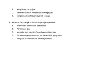 8
B. Menghitung harga jual
C. Memparbarui dan menyesuaikan harga jual
D. Mengalokasikan biaya-biaya tak terduga
14. Memesan dan mengkoordinasikan jasa-jasa pemasok
A. Identifikasi permintaan pemesanan
B. Permintaan jasa
C. Mencatat dan merekonfirmasi permintaan jasa
D. Perubahan pemesanan dan persiapan akhir yang pasti
E. Menyiapkan umpan balik kepada pemasok
 