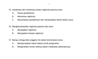 9
15. melakukan dan memantau proses registrasi peserta acara
A. Proses pendaftaran
B. Memantau registrasi
C. Menuntaskan pendaftaran dan memproduksi bahan-bahan acara
16. Mengkoordinasikan registrasi peserta dan tamu
A. Menyiapkan registrasi
B. Menyiapkan tempat registrasi
17. Mampu mengarahka anggota tim dalam ketrampilan kerja
A. Mempersiapkan bahan-bahan untuk pengarahan
B. Mengarahkan teman sekerja dalam melakukan pekerjaannya
 