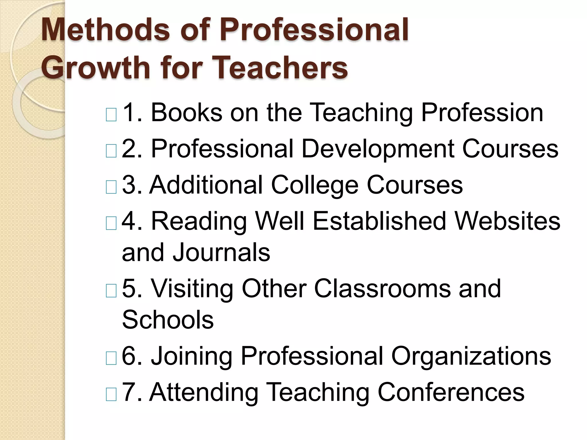 Methods of Professional
Growth for Teachers
1. Books on the Teaching Profession
2. Professional Development Courses
3. Additional College Courses
4. Reading Well Established Websites
and Journals
5. Visiting Other Classrooms and
Schools
6. Joining Professional Organizations
7. Attending Teaching Conferences
 