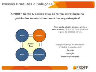 Nossos Produtos e Soluções


    A PROFF Gente & Gestão atua de forma estratégica na
      gestão dos recursos humanos das organizações!


                                           Não basta atrair, desenvolver e
                                         tentar reter, é preciso fazer isso com
                                               e para as pessoas certas.
          Atrair             Mapear



                   Gente                     Desenvolvemos e oferecemos
                    Boa
                                               produtos e soluções em:
                                                        Gestão
                                                       Seleção
          Reter            Desenvolver
                                                  Desenvolvimento
 