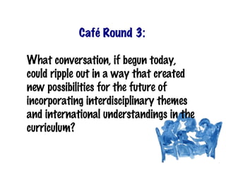 Café Round 3:

What conversation, if begun today,
could ripple out in a way that created
new possibilities for the future of
incorporating interdisciplinary themes
and international understandings in the
curriculum?
 