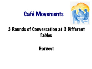 Café Movements

3 Rounds of Conversation at 3 Different
               Tables

               Harvest
 