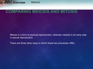 Lesson Overview

Meiosis

COMPARING MEIOSIS AND MITOSIS

Mitosis is a form of asexual reproduction, whereas meiosis is an early step
in sexual reproduction.
There are three other ways in which these two processes differ.

 